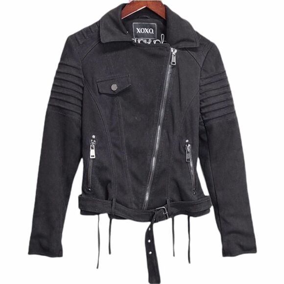 Faux Suede Xoxo Biker Style Zip Up Black Jacket Size Medium - Picture 1 of 7